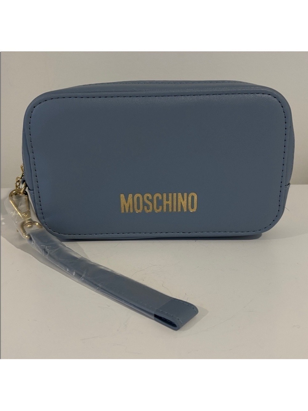 Moschino Travel bag wristlet cosmetics bag make up bag blue top zipper closure